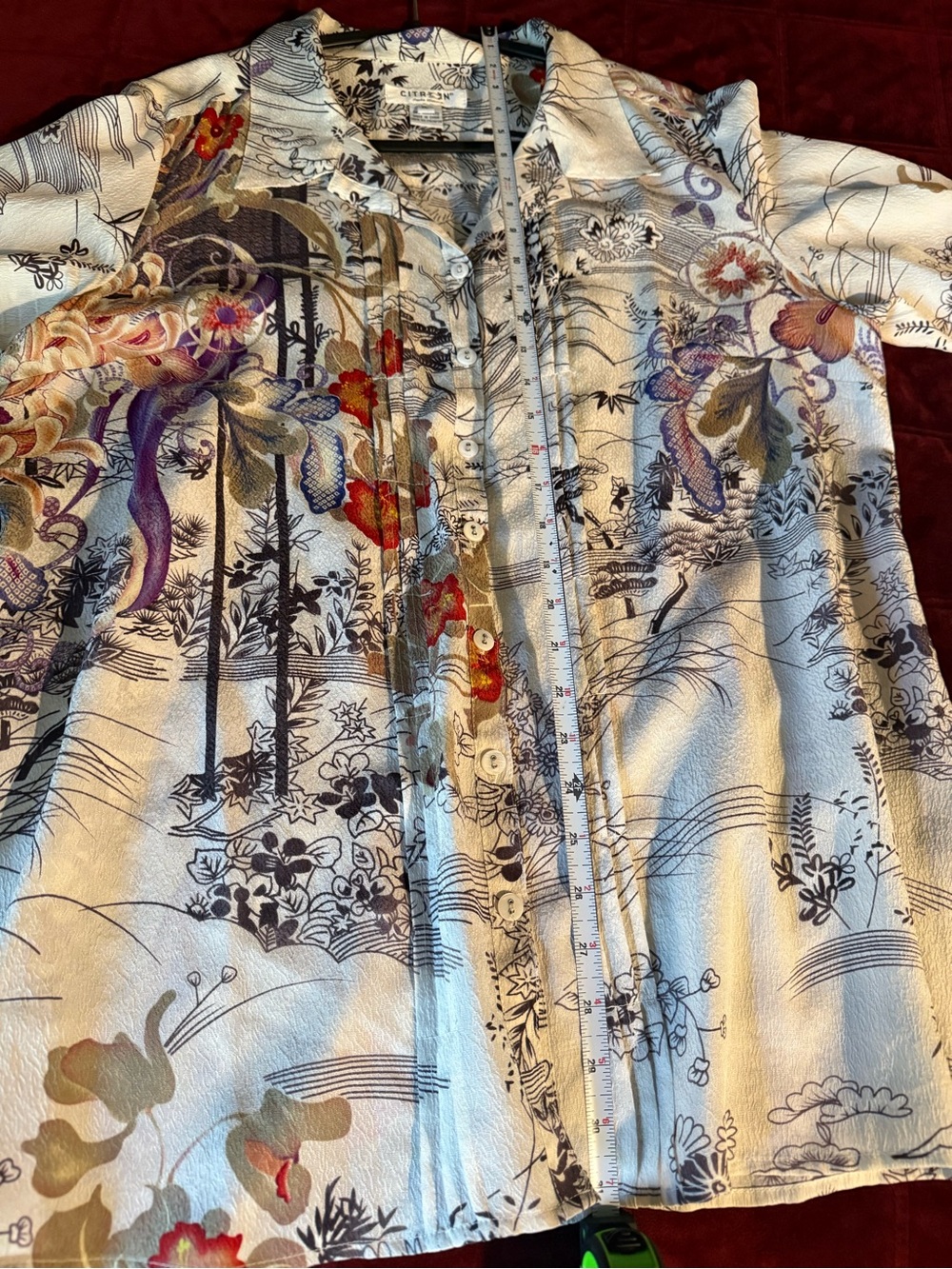 Citron Santa Monica XL 100% Silk Art-to-Wear Blouse Japanese Floral Crinkle - Picture 4 of 4